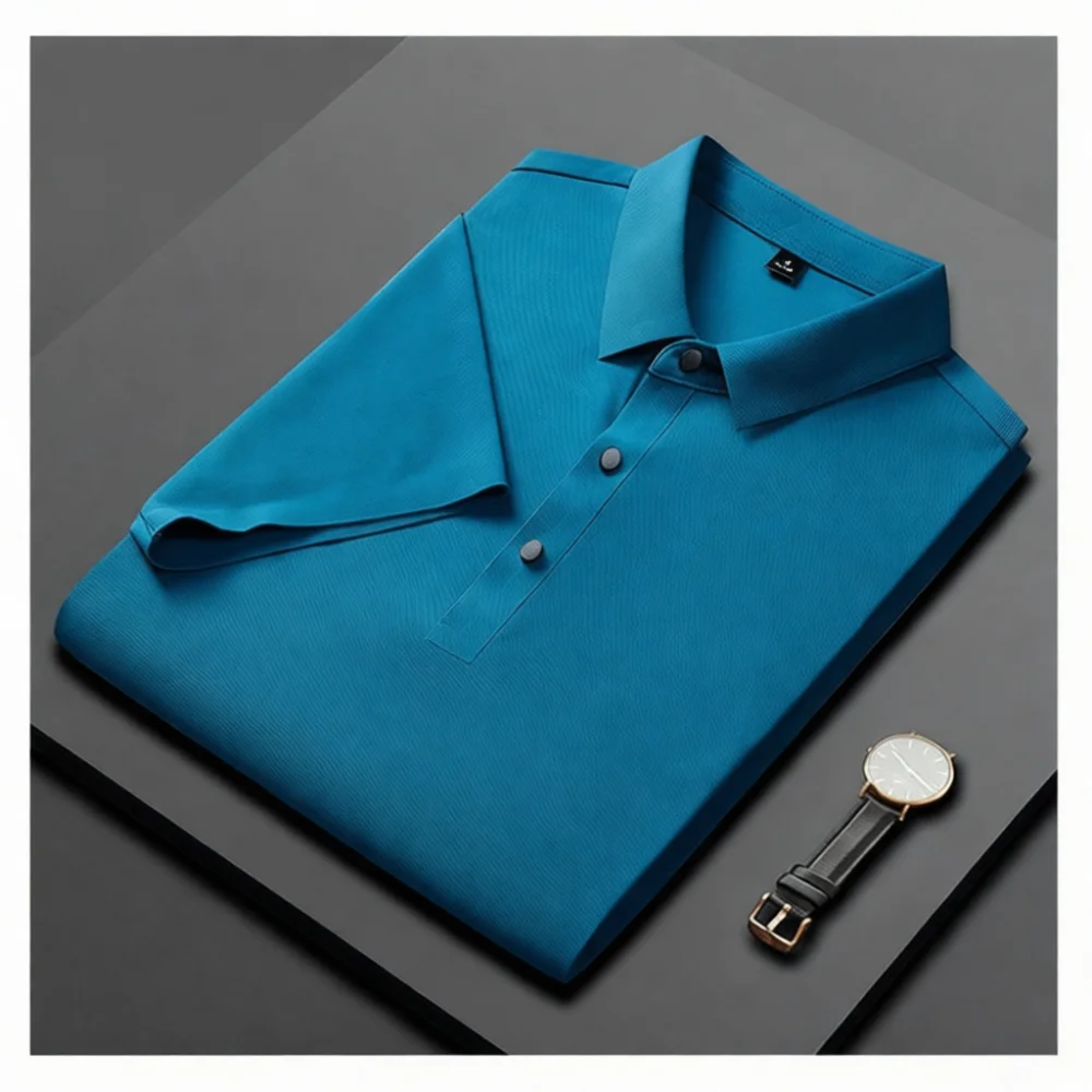 Ice Silk Seamless Polo Shirt For Men Short Sleeve Breathable Business Casual Formal Attire High Elastic Soft Fabric Top