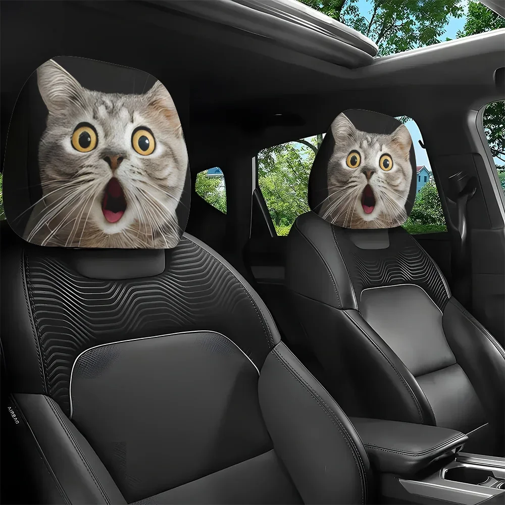 2Pcs Shocked Cat Expression Printed Car Headrest Covers Interior Decoration Easy To Install And Wash