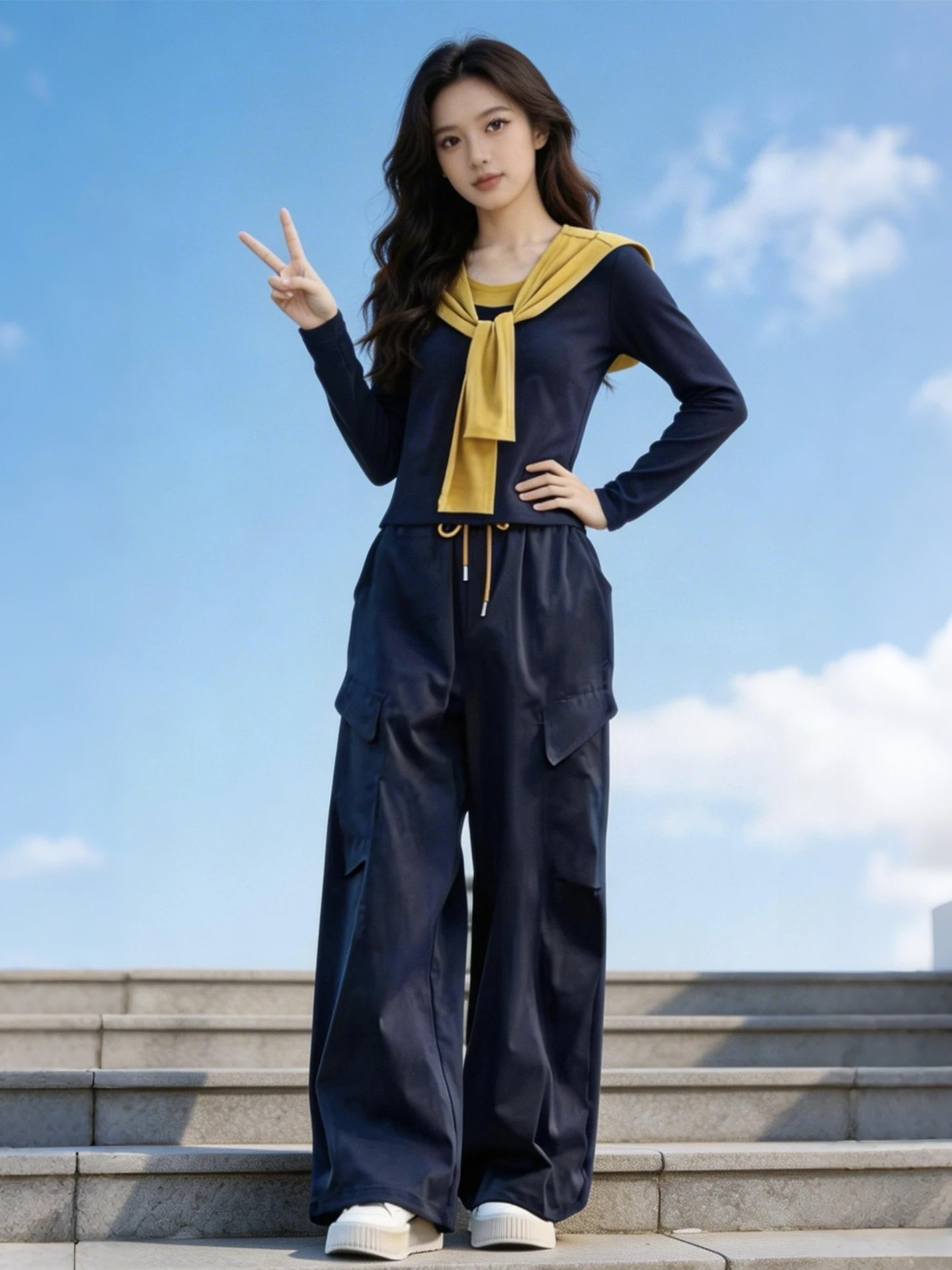 

Повседневный женский комплект из двух предметов для весны и осени: топ с длинными рукавами и шалью в стиле колор-блок, а также широкие брюки. Уникальный стиль для повседневной носки.