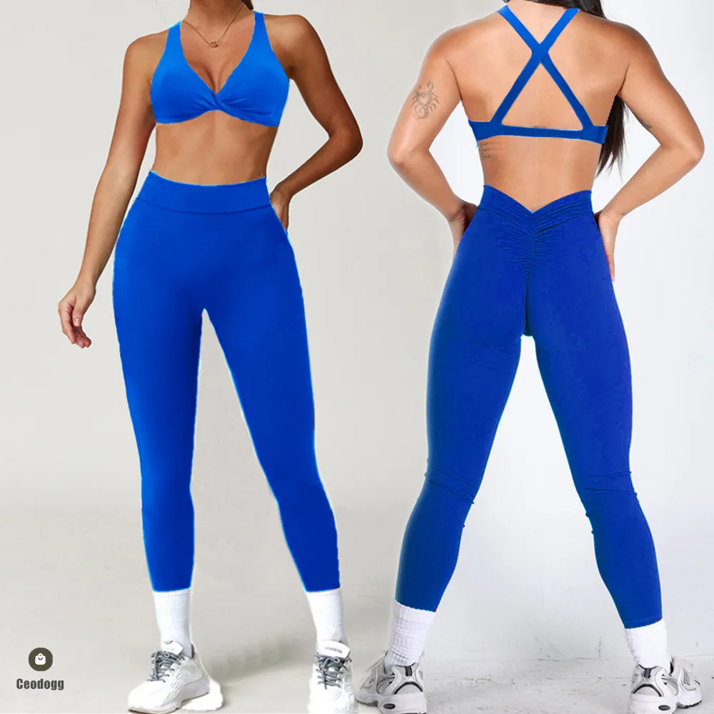 2 pezzi Pad Twist Reggiseno Crop Top Donna Palestra Yoga Set Sport Gym Scrunch V Back Leggings fitness Allenamento Pantalone Tute attive XP310