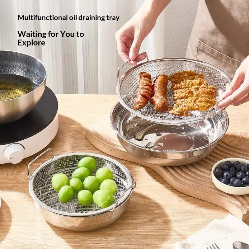 1/2Pcs Air Fryer BBQ Filter Premium Stainless Steel Oil Strainer With Tray Frying Net Sieve Food Drainer