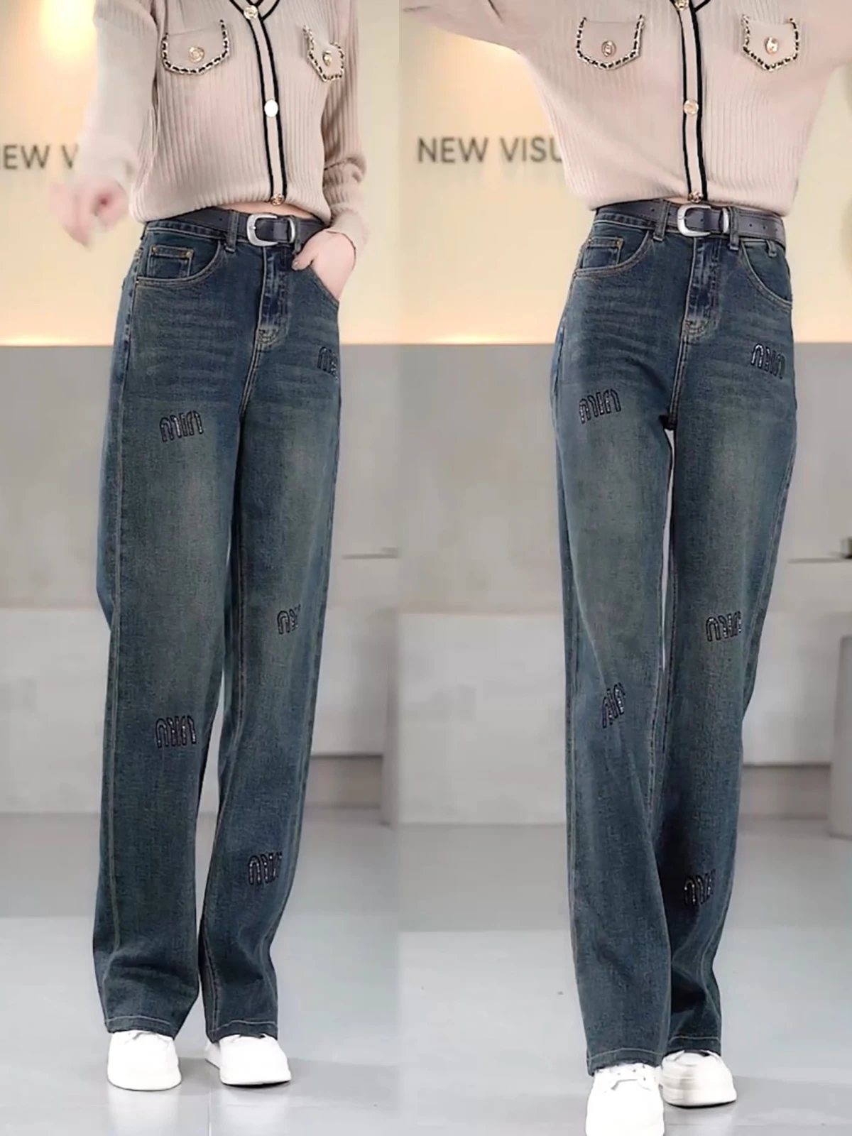 

High Waist Fleece Lined Loose Fit Women's Jeans Diamond Embellished Straight Leg Slimming Wide Leg Pants Autumn Winter New Style