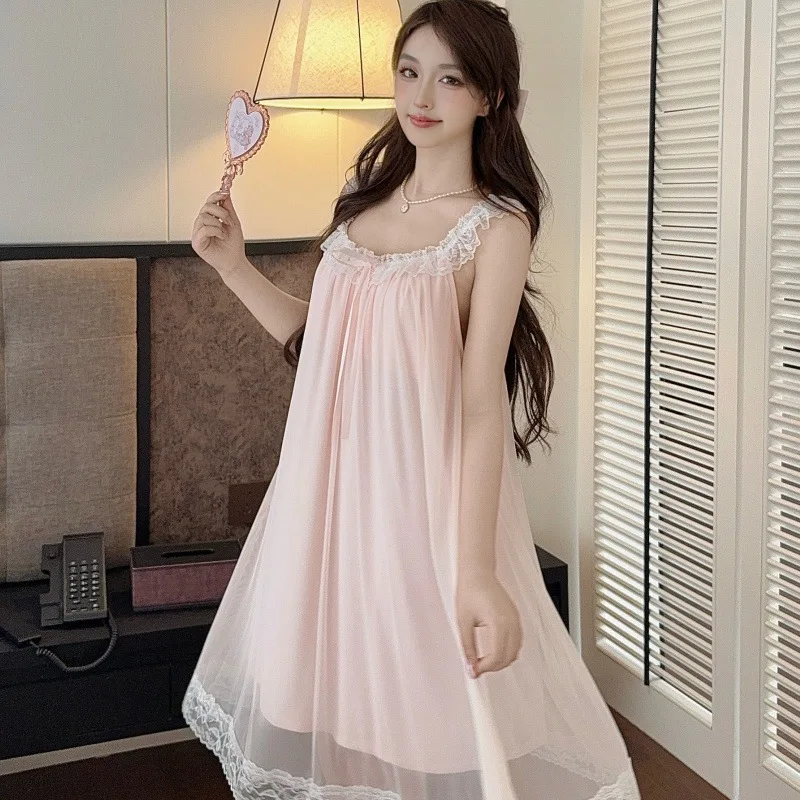 Women Summer Thin Mesh Lace Camisole Nightgown Sweet Cute Breathable Soft Skin Friendly Sleepwear Princess Long Dress Wearable