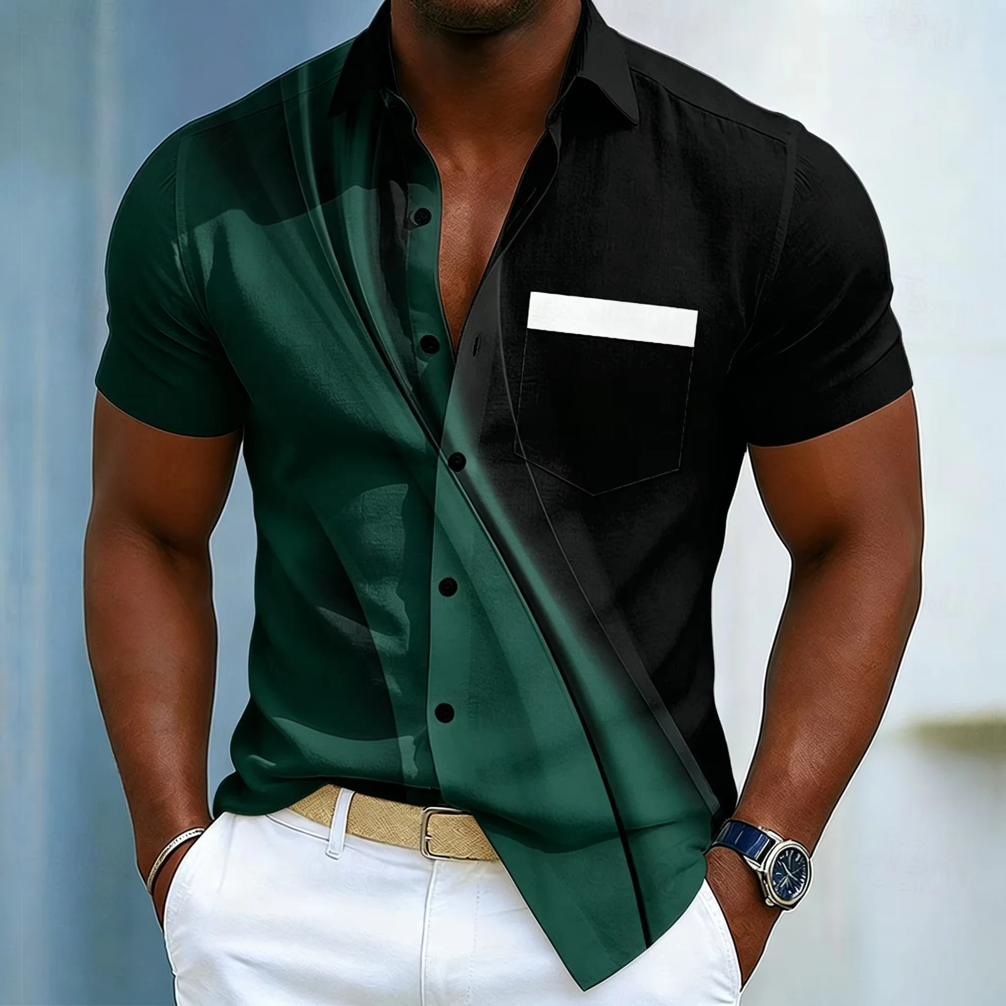 Men's Gradient Patchwork Short-Sleeve Shirt Color-Blocked Pocket Collar Shirt Trendy Casual Summer Men's Top