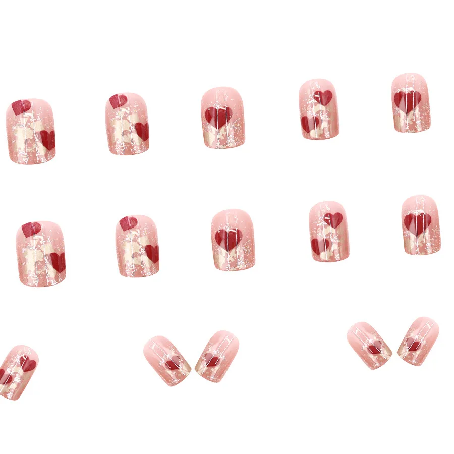 24pcs/set Short Square fake nails for women gilrs cute red white heart full cover nail tips acrylic press on false nail art set view 3