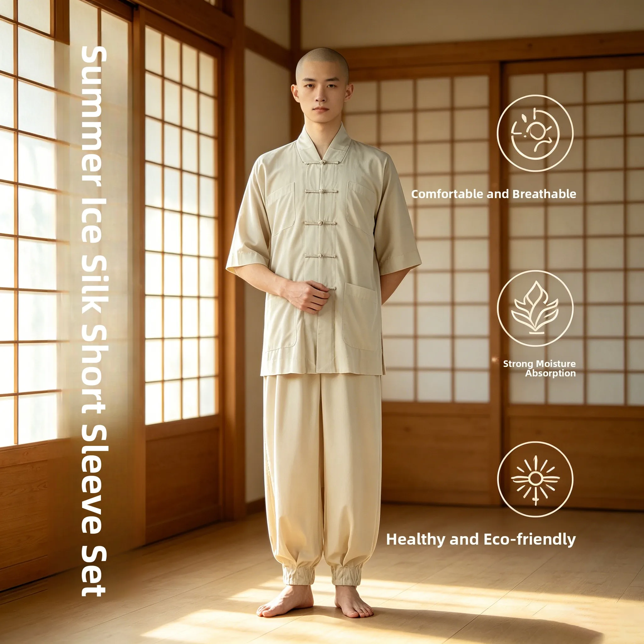 veste-courte-d'Ete-en-soie-glacee-fine-style-monastere-coupe-ample-tenue-decontractee-fraiche-et-respirante-robe-de-monastere-pour-hommes-d'Age-moyen