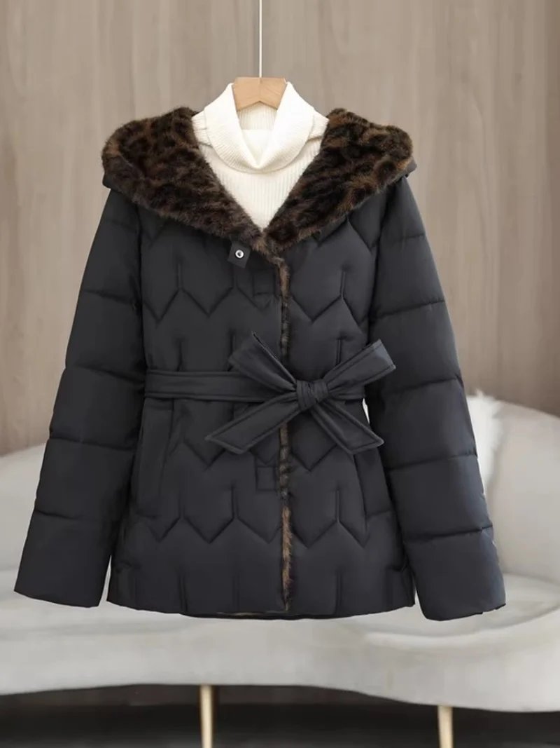 

Куртка с леопардовым принтом, женское зимнее пальто с капюшоном, приталенная хлопковая парка с завязками на поясе, модная верхняя одежда для женщин w