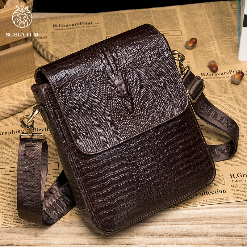 ของแท้หนังลําลองไหล่กระเป๋าผู้ชายกาแฟ Vintage Crocodile Grain Cowhide Messenger กระเป๋าผู้ชายกระเป๋า Crossbody สีดํา