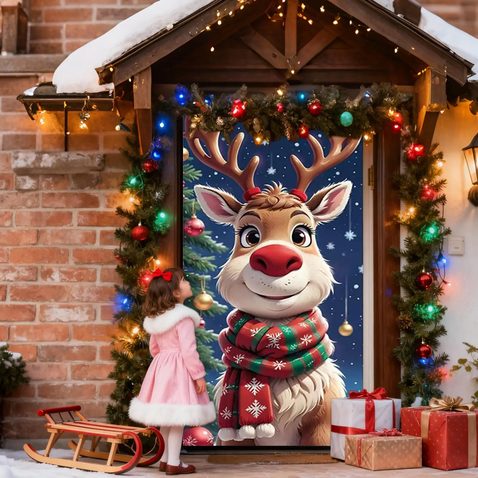 Christmas Door Cover Decoration 71x35inch Large Festive Reindeer Front Door Covers Hanger Backdrop Holiday Decoration For Home