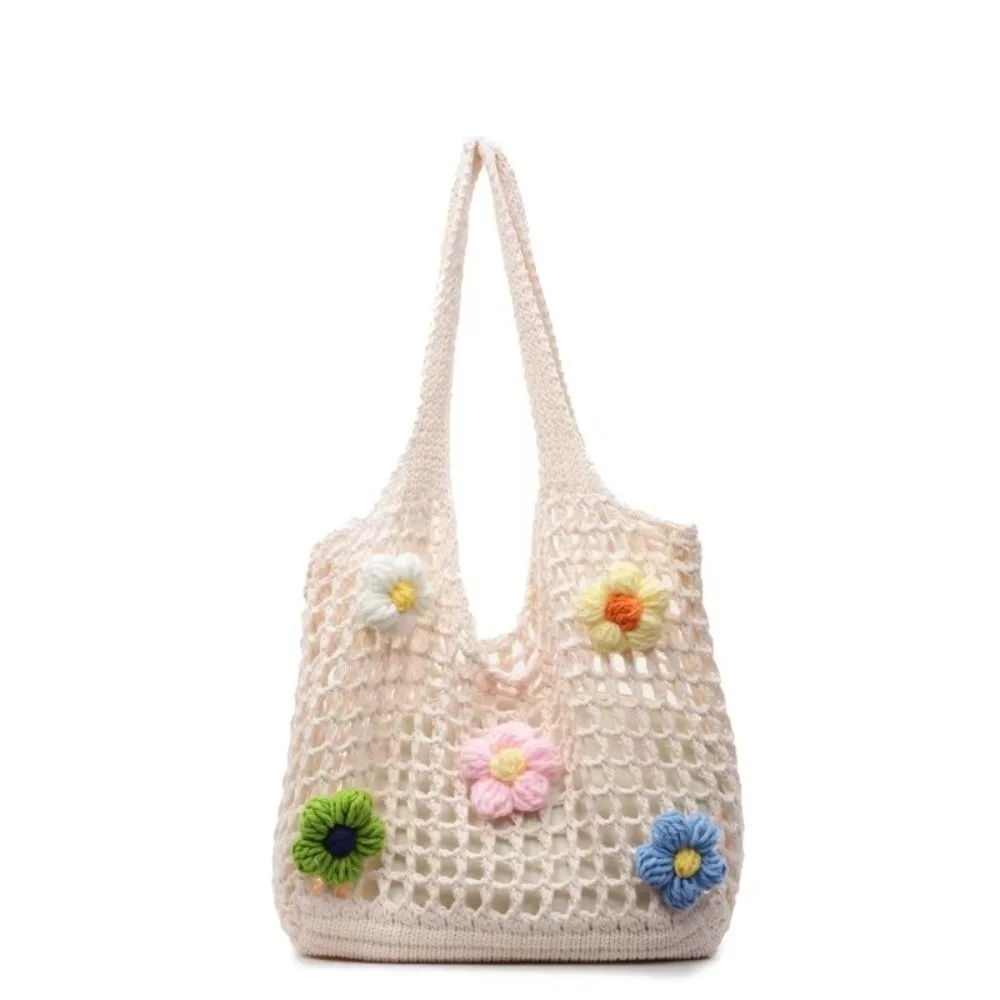 

Cute Multicolor Flower Woven Bag Hollow Bohemian Style Knitting Tote Bag Handbag Large Capacity Hollow Shoulder Bag Summer