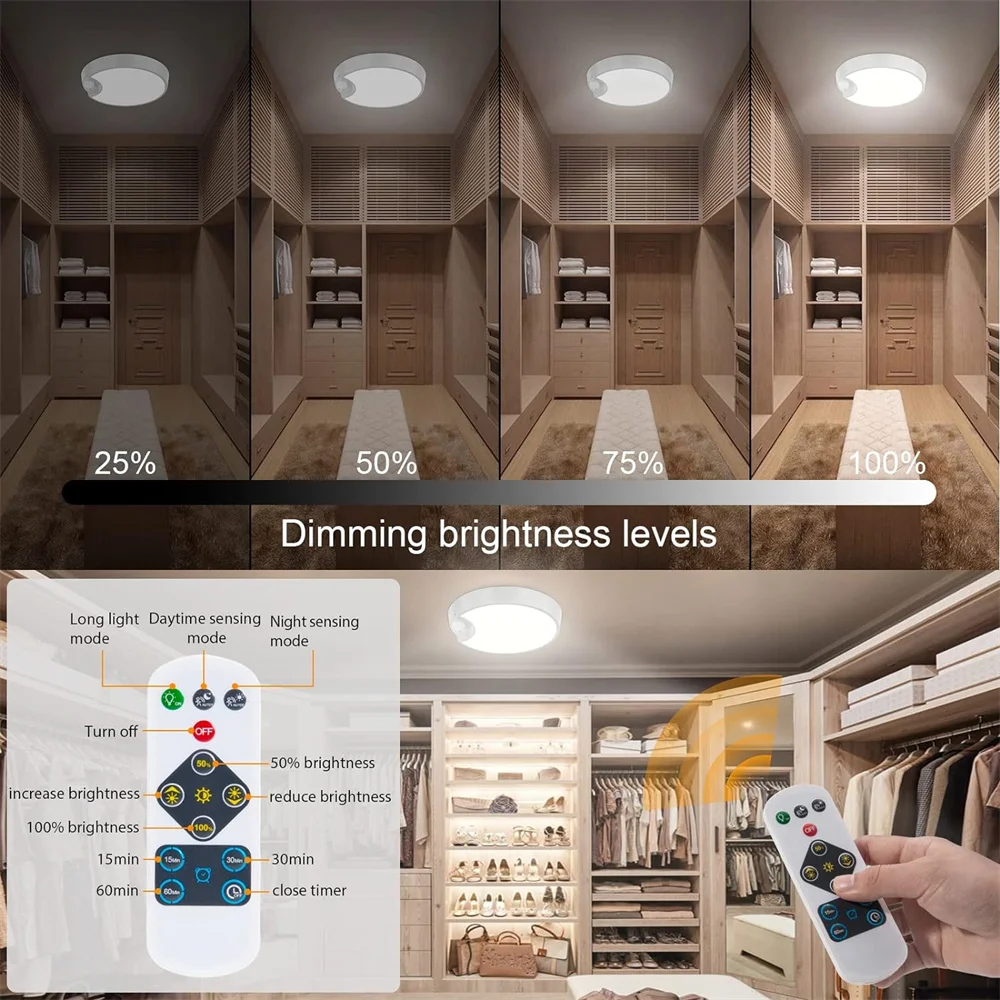 19CM Round Led Ceiling Light Motion Sensor Home Lamp USB Rechargeable/Battery Powered Remote Controller for Washroom,Stairs