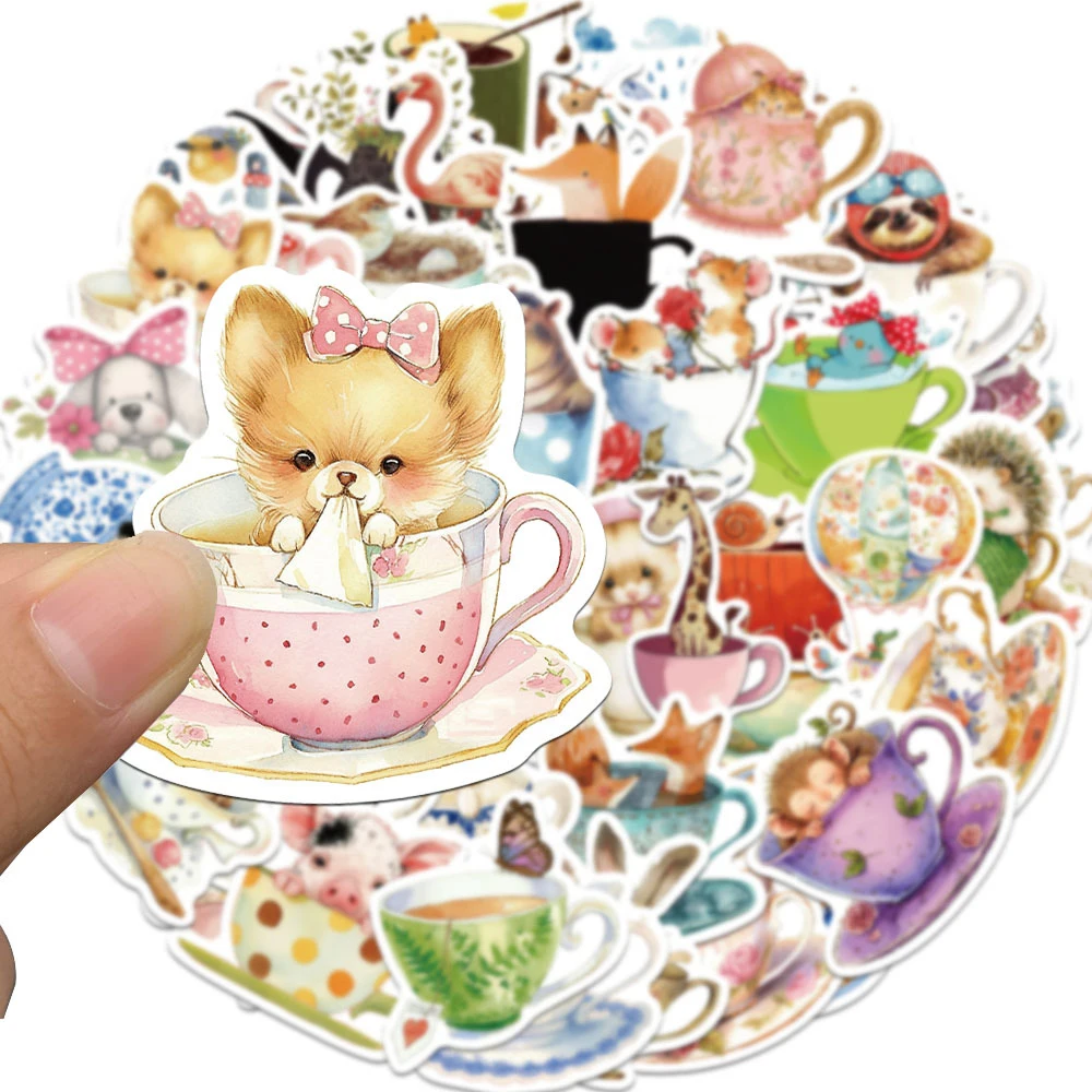 Autocollants mignons d'animaux de tasse de thé de bande dessinée, graffiti d'interconnexion créatif, décalcomanies de JEPhone, décor d'autocollant Kawaii, 10 PCs, 30 PCs, 50PCs