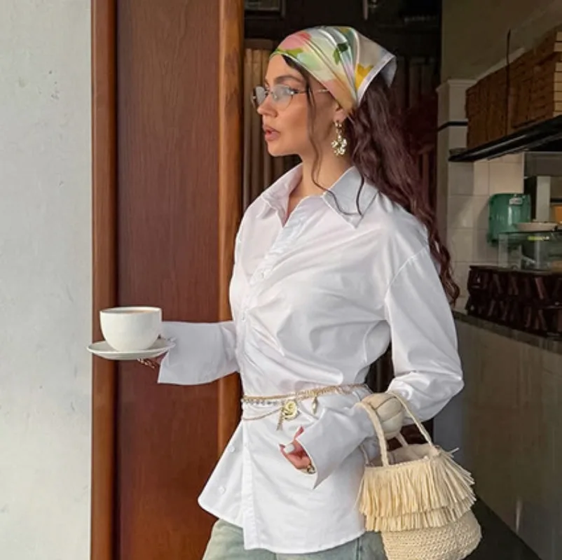 

Осень 202, женские однотонные хлопковые рубашки с отложным воротником и длинными рукавами, нерегулярные однобортные тонкие рубашки с рюшами, повседневные топы