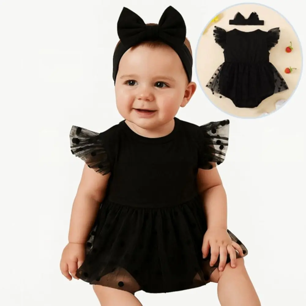 Cotton Baby Girl Princess Dress Lace Mesh Bowknot Toddle Petti Skirt Short Sleeve Bubble Infant Dress with Headband