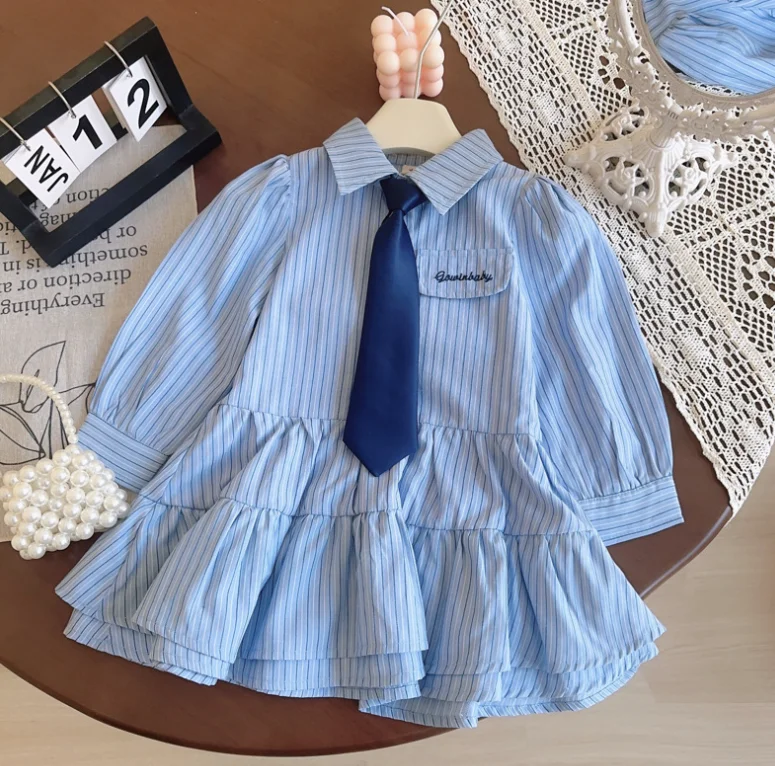 Retail Baby Girls Striped Blue Long Sleeve Dress, Princess Kids Fashion Clothing 2-7T