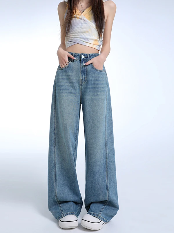 

American Retro Slimming High Waist Wide Leg Straight Cut Jeans Women Spring New Loose Fit Floor Length Knife Denim