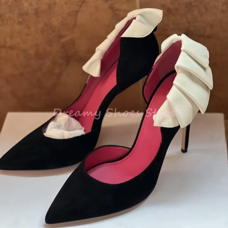 

Black Satin Ruffle Slip On Pointed Toe Stiletto Pumps Women Patchwork Bow Decor Buckle Strap Sandals Sexy Elegant Party Shoes