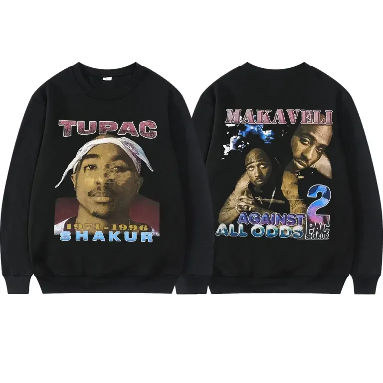 Tupac 2Pac Shakur Makaveli Against All Odds Print Sweatshirt Mens Oversized Black Sweatshirts Men Women Fashion Hip Hop Pullover