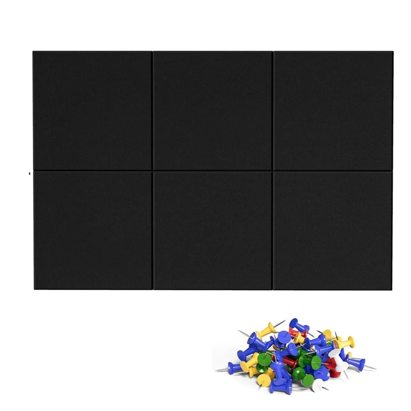 

Stylish Black Felt Tiles, 6 Pack Cork Board Replacement With 50 Pushpins For Wall Organization