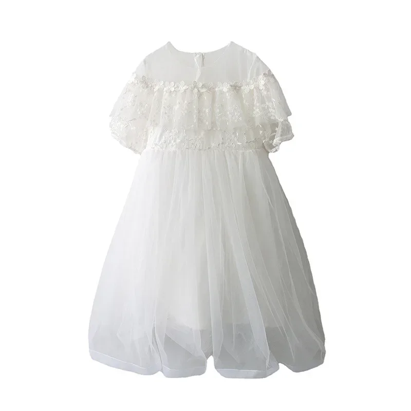 Girls Wedding Dress 2024 Summer New White Mesh Princess Dresses for Children 12 13 Years Short Sleeves Kids Birthday Party Dress