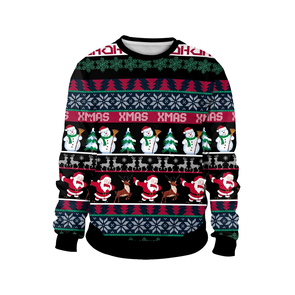 2024 New Ethnic Style Christmas Digital Printing Pattern Pullover Round Neck Christmas Couple Sweater