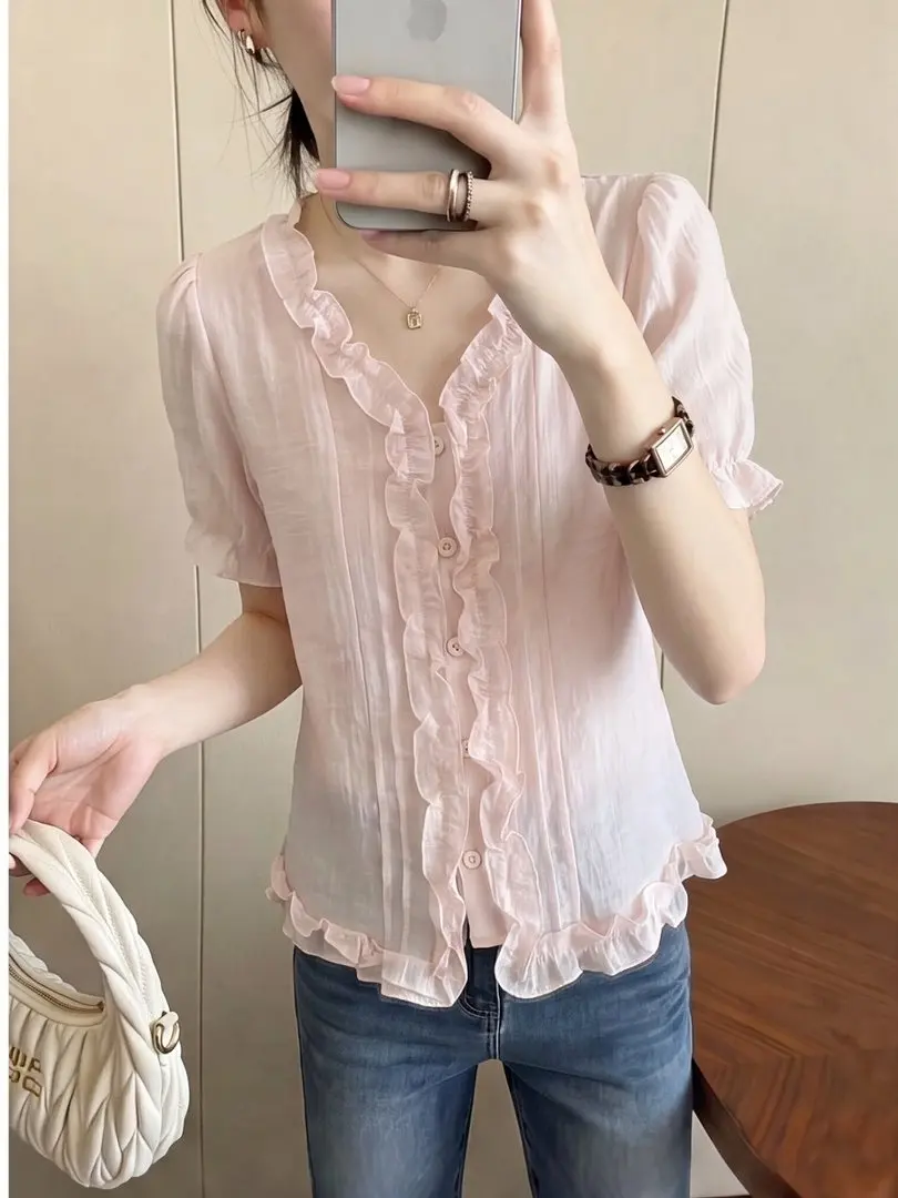 

Sweet Wooden Ear Short Sleeve V-Neck Women's Shirt Korean Style Commute Wind Breathable Skin-Friendly Summer New Design