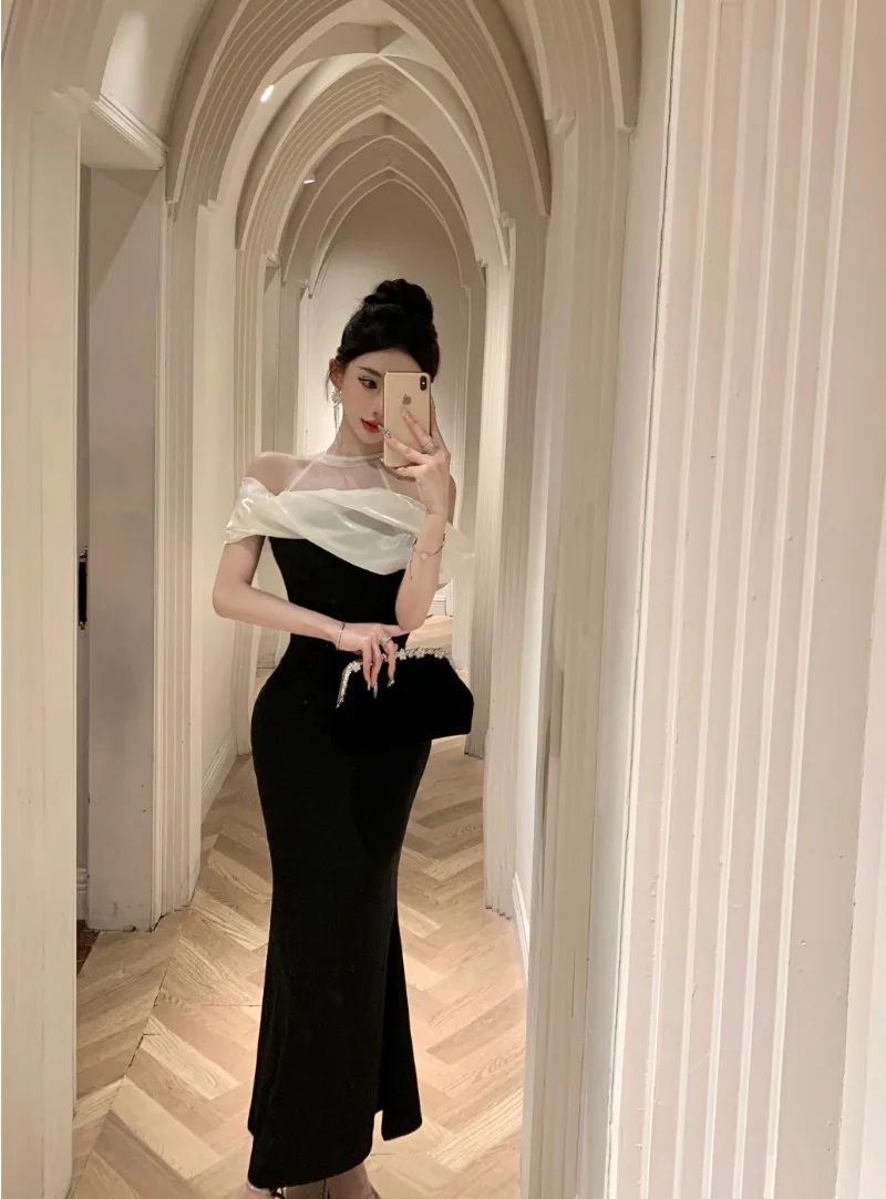 

Elegant Fashion Wedding Evening Party Black Midi Dresses Women Summer Vintage Sleeveless Mesh Patchwork Bodycon Female Clothing