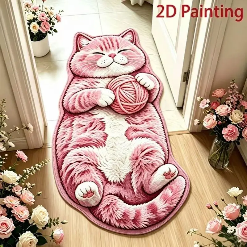 VIKAMA Pink Cat Rug Irregular Shape Yarn Ball Non Slip Soft Flannel Floor Mat for Bedroom Living Room Girls Room Kitty Decor