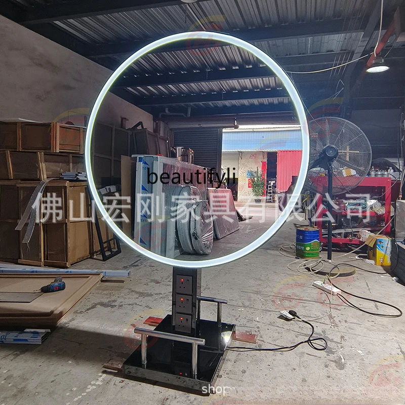 Barber shop hair mirror table single-sided floor mirror with lamp hair salon LED mirror stainless steel frame