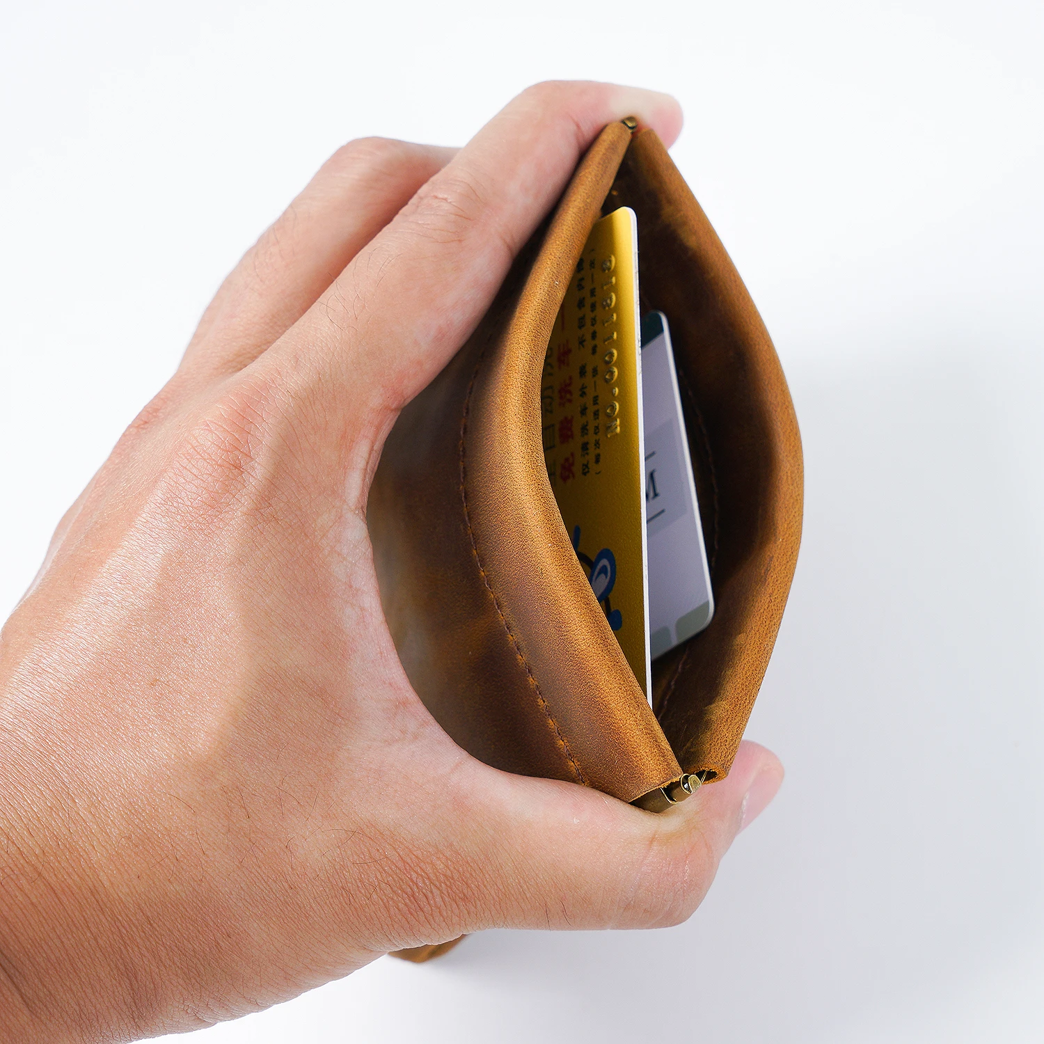 Genuine Leather Coin Purse, Vintage Crazy Horse Cowhide Drawstring Pouch with Spring Return Closure, Small Retro Bag 12x10.5cm
