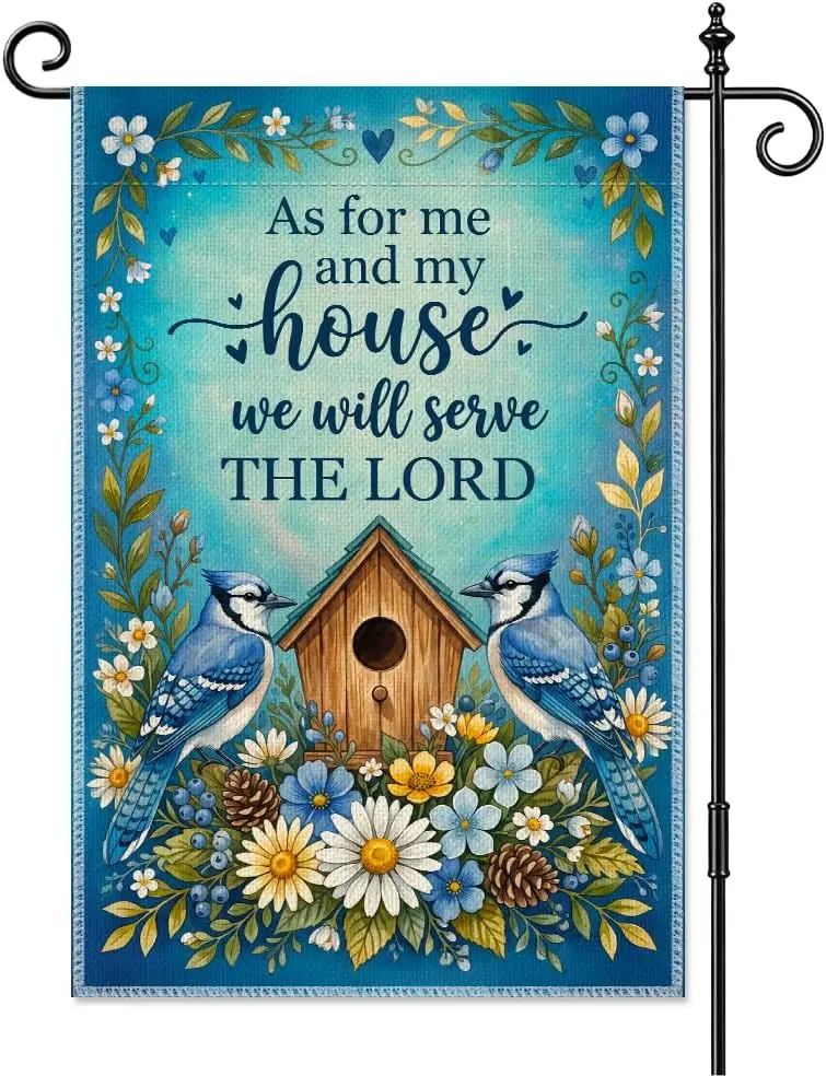 As for Me and My House We Will Serve the Lord Blue Jay Garden Flag 12x18 Inch Double Sided, Christian Faith Outdoor Yard Fla kkz