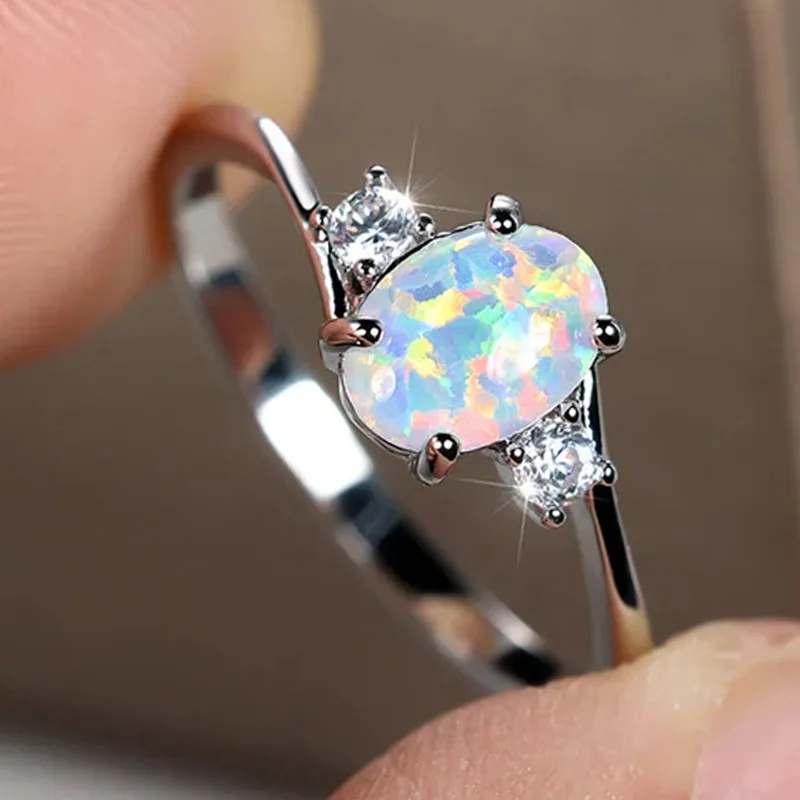 Silver Plated Rings For Women with Cubic Zircon Opal Wedding Band Jewelry Size 6-10