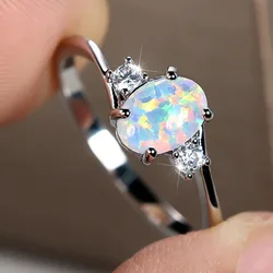 Silver Plated Rings For Women with Cubic Zircon Opal Wedding Band Jewelry Size 6-10