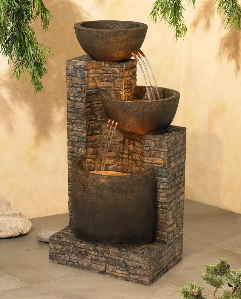 

Mason Rustic Outdoor Floor Water Fountain 35" High with LED Light Cascading Three Bowls for Garden Patio Backyard Deck