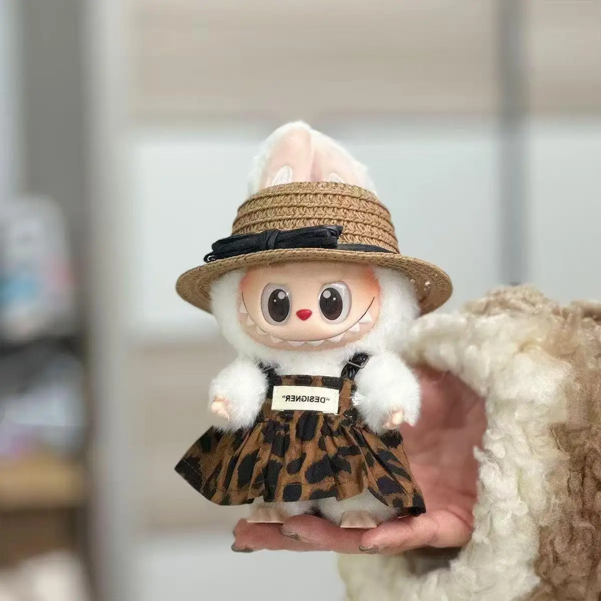 Roupas de boneca para 15/17cm labubu i ii iii mini boneca ídolo de pelúcia estampa de leopardo saia chapéu de palha sapatos acessórios de decoração presente