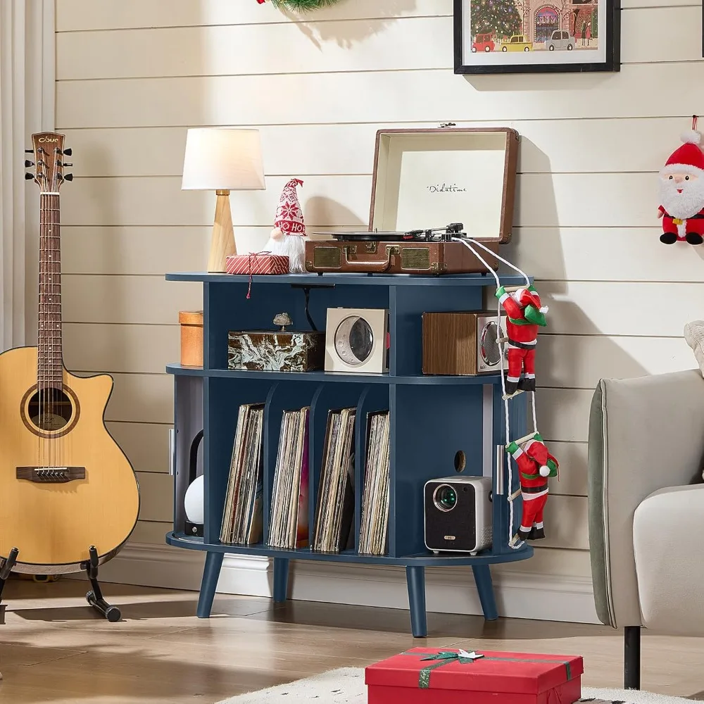 حامل مشغل تسجيل دائري كبير من LELELINKY مع قاعدة شحن ولوحة مخددة، خزانة قرص دوار حديثة باللون الأزرق الداكن في منتصف القرن wi #3