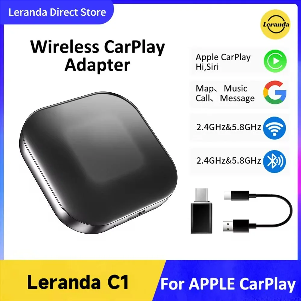 Leranda เครื่องเล่นมัลติมีเดียสำหรับรถยนต์ C1S ไร้สายสำหรับ Apple อะแดปเตอร์ CarPlay บลูทูธ5.8ตัวรับสัญญาณวิทยุไวไฟ2.4/5.8สำหรับ iOS