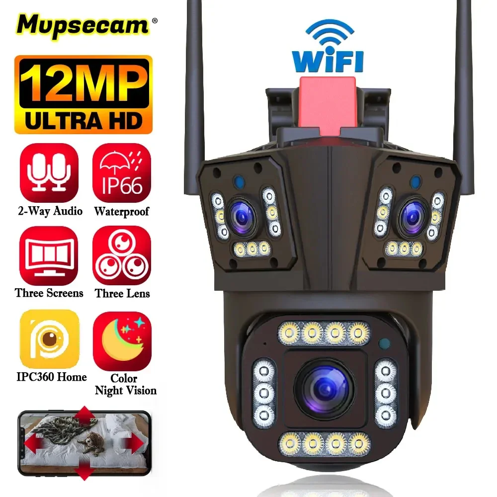 

6K Three-Lens 12MP FHD WIFI Surveillance Camera Three Screens Smart Auto Tracking Color Night Vision CCTV Wi-Fi Security Camera