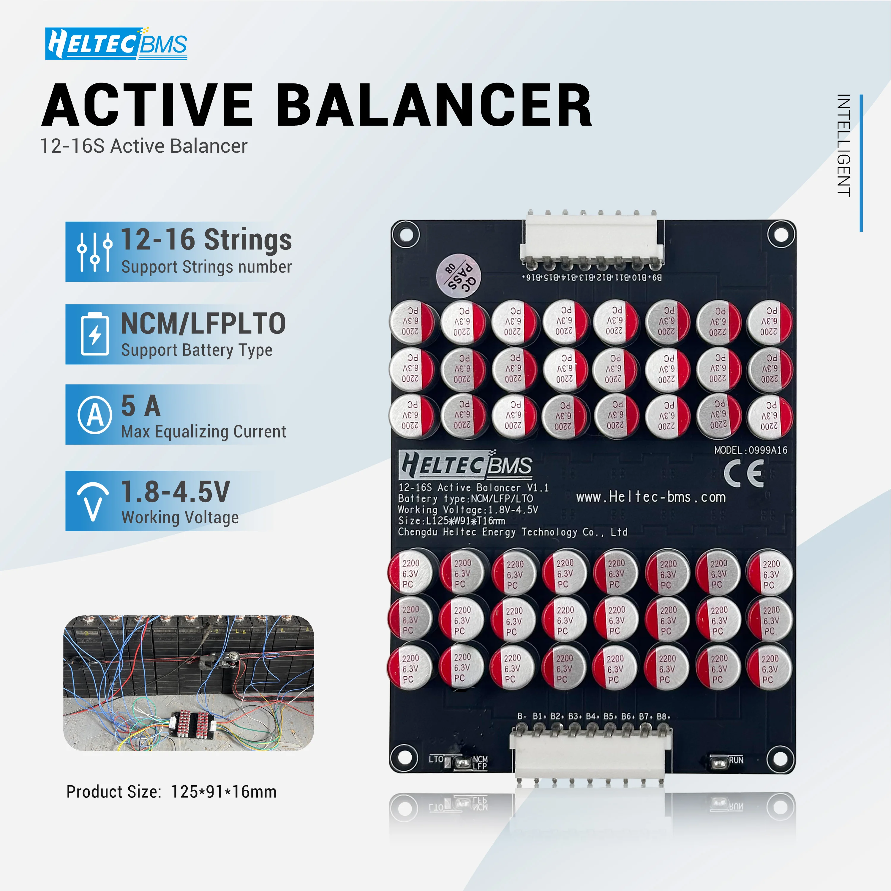 Heltec 0999A16 5.5A Capacitive Energy‑Transfer Active Balancer 12S‑16S, For NCM LiFePO4 LTO Battery Pack, RV Solar E‑Bike Cell Voltage Equalizer