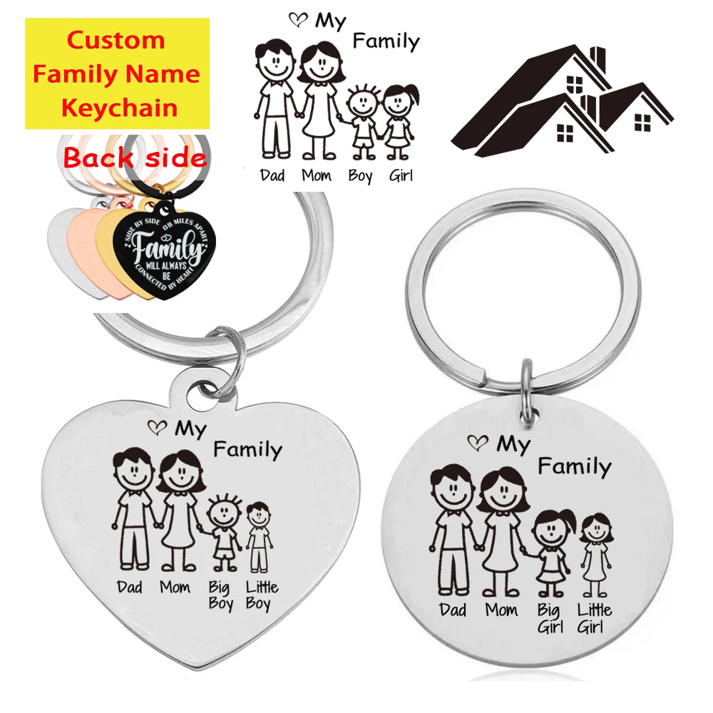 

Custom Family Name Keychain Engraving Personalized Dad Mother Kids Member Heart Round Keyring Key Chain Ring Holder Gifts