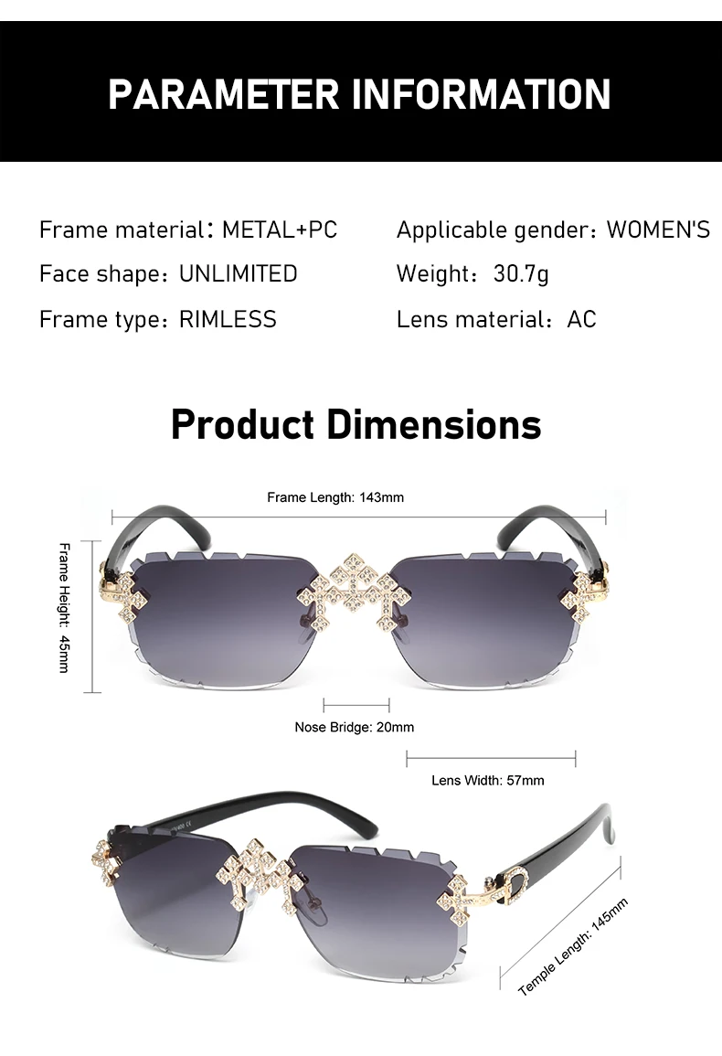 Luxuriöse quadratische randlose Edelstein-Schliff-Sonnenbrille im trendigen Retro-Stil der 90er-Jahre-Hip-Hop-Diamant-Schliff-Linse, rahmenlose Sommer-Sonnenbrille für Männer und Frauen – Detail 5