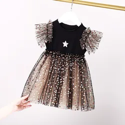 Girls' Flare Sleeve Dress Spring Summer Korean Baby Children's Sequin Puffy Dress Kid's Star Mesh Princess Dress Girls Clothing