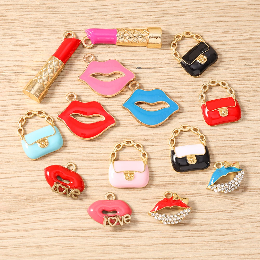 Tusember 10 Stück Niedliche Damen-Handtaschen-Anhänger mit Roten Lippen und Lippenstiften für Schmuckherstellung, Halsketten, Ohrringe, Armbänder, DIY-Bastelarbeiten – Detail 1