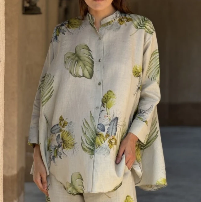 Fashionable Plant Print Pattern Cotton Linen Long Sleeved Loose Top Straight Casual Wide Leg Pants Comfortable Long Pants Set