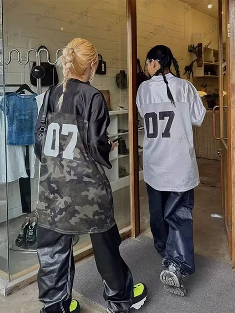 2024 Summer New Vintage Short Sleeve Jersey Women Loose Hip Hop V-Neck T-Shirts High Street American Retro Half Sleeve Tide Top