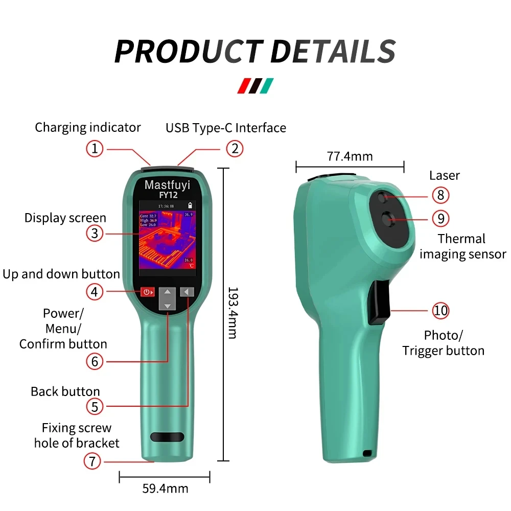 MASTFUYI Rechargeable Thermal Imaging Camera Handheld Thermal Imager -20℃~550℃ Waterproof Dustproof Drop Resistant