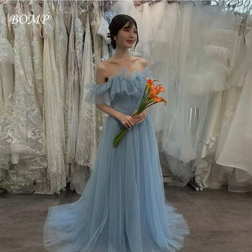 

BOMP Elegnat Blue Wedding Party Dress Sweetheart Off Shoulder Sweep Train Tulle Korea Photo Shoot Bridal Reception Gown Custom
