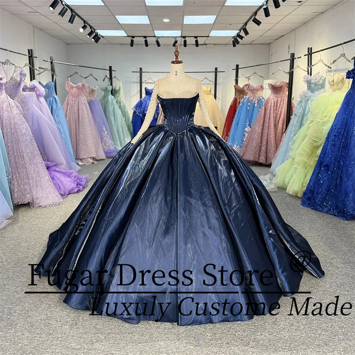 فساتين سهرة على طراز الأميرة مقاس مخصص للفتيات من الساتان بأكمام طويلة لؤلؤ فستان رسمي من Vestidos de15 quinceaÑ #1