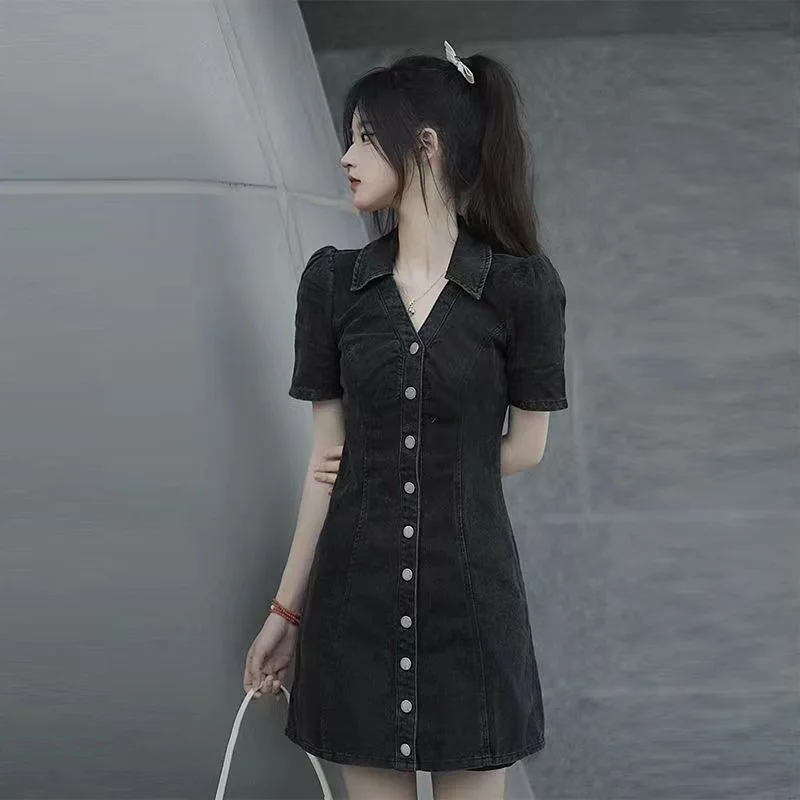 

Women's Summer Black Collar Thin Vintage Sweet High Waist Denim Dress