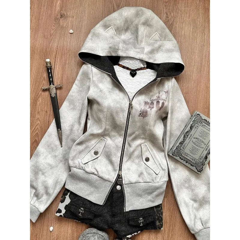 Y2k Women Autumn Winter New Style Cultivate One's (moral) Character Overcoat Grey Hooded Hoodie Divine Church Printing Cardigan